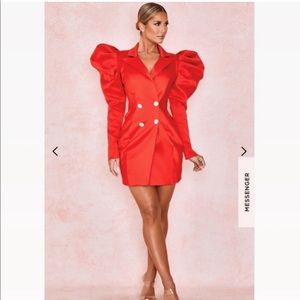 HOUSE OF CB RED EXAGGERATED SLEEVE TUX DRESS